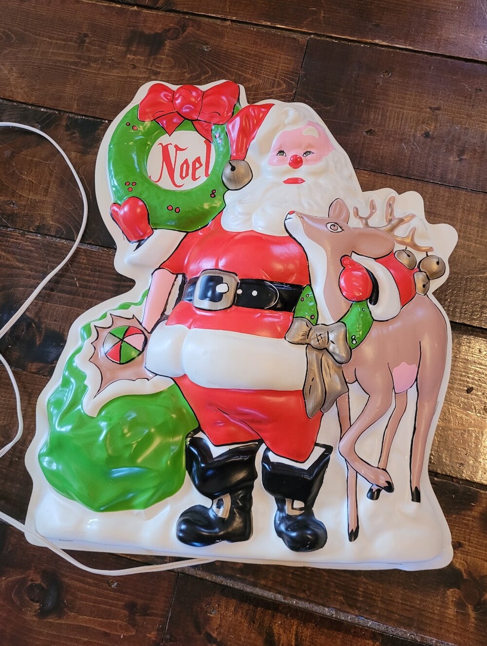 Vintage Christmas Noel Santa Rudolph 3D Blow Mold Plastic Light Up Decoration